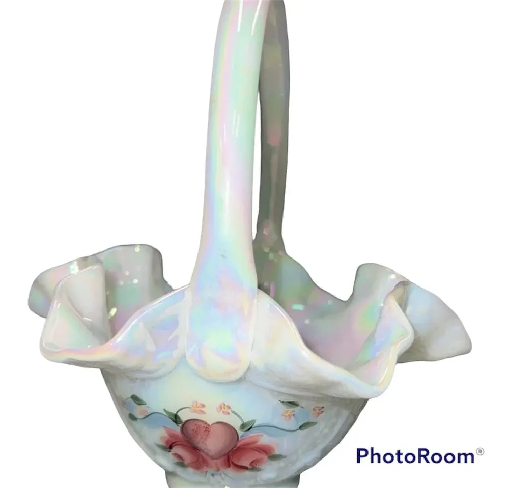 Fenton Hand painted Basket w/Handle Opalescent Signed by Artist
